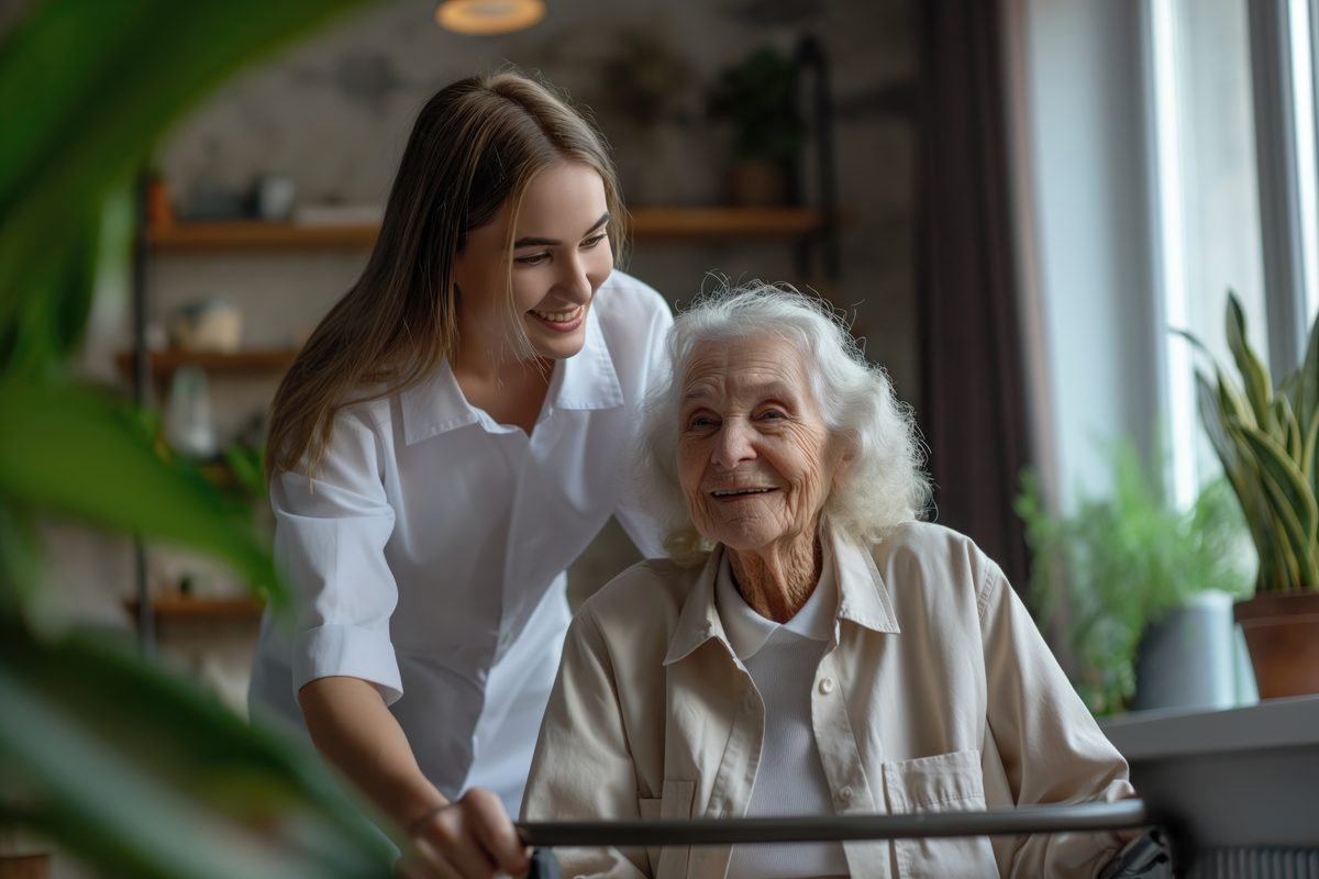 A live-in carer standing with an elderly client in her own living room